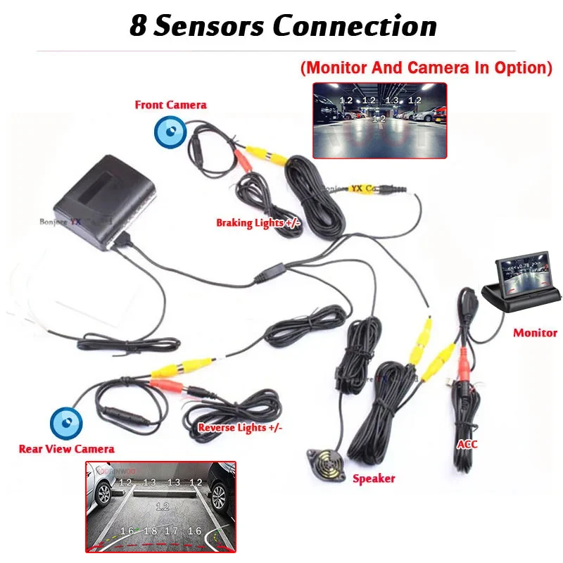 Koorinwoo 8 IR 다이나믹 궤도 리어 뷰 카메라 8 센서 부저 자동차 주차 센서 키트 리버스 백업 레이더 경고 표시기, 다이내믹 궤도 리어 뷰 카메라 8 센서 부저