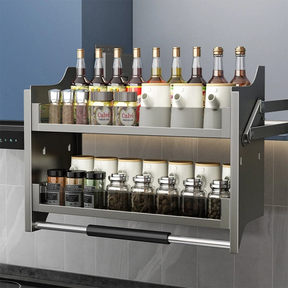 -oo Kitchen Furniture Height-adjustable Hanging Cabinet Large-capacity Seasoning Storage Rack Elevator Pull-out Basket