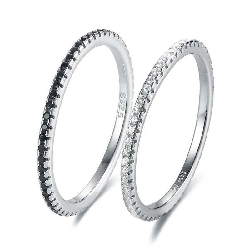 Anillos de plata de ley 925 para mujer, joyería de circón brillante, anillos emparejados en blanco y negro, bandas sólidas, minimalismo fino, Monaco