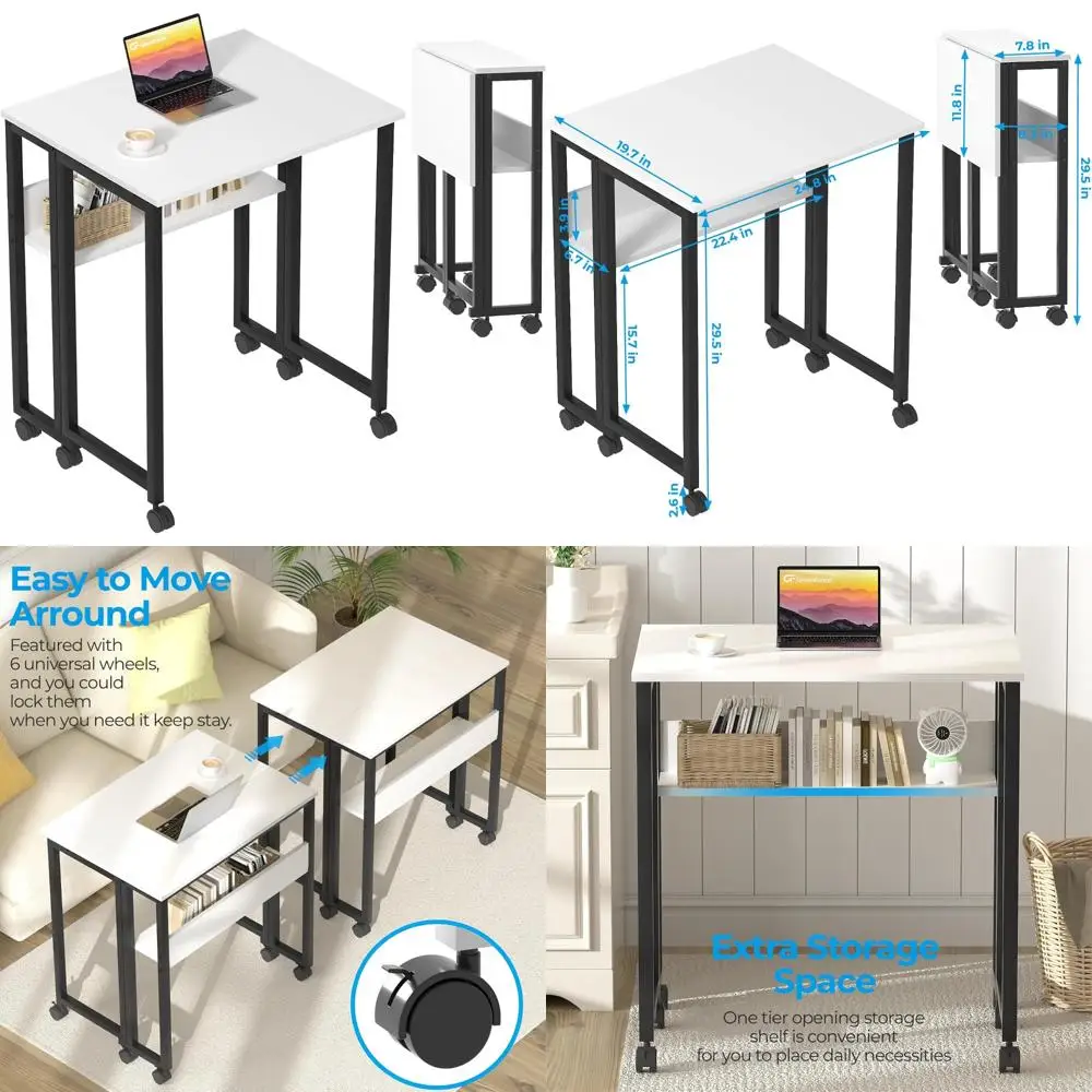 مكتب دوار مدمج مع رف تخزين - مكتب كمبيوتر قابل للطي مقاس 24.8 بوصة للمساحات الصغيرة وسهل التجميع.