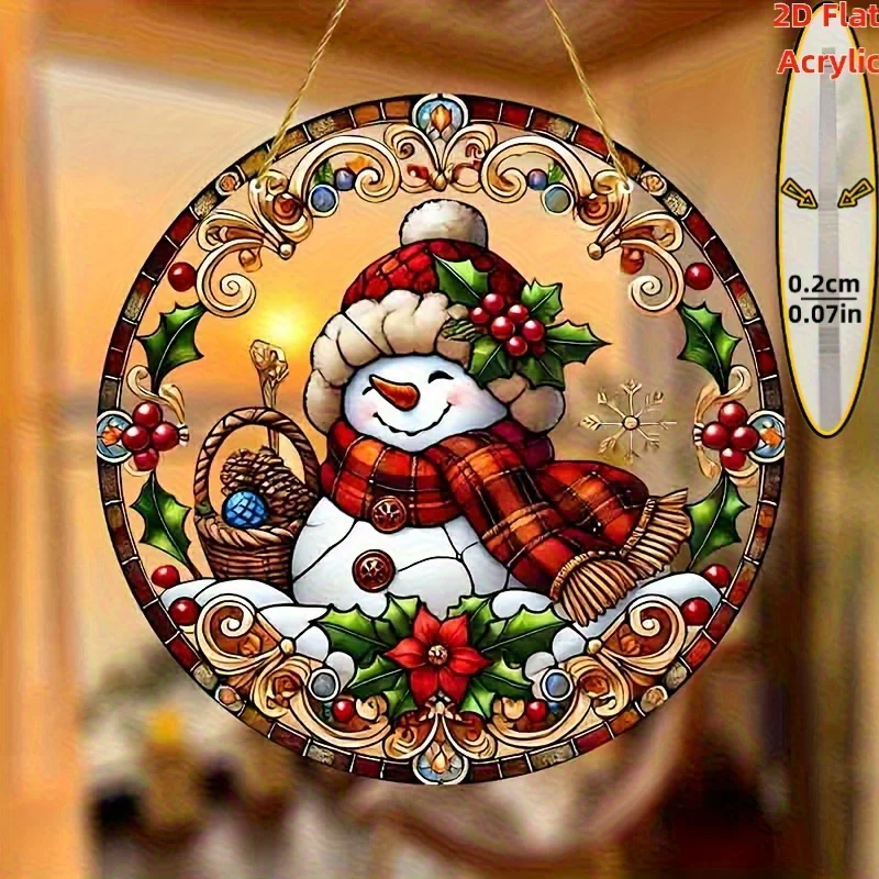 Acrylic Painting Cute Smiling Snowman with Plaid Scarf, Holly Berries and Festive Basket Stained Glass Style 2D Flat Round Hangi