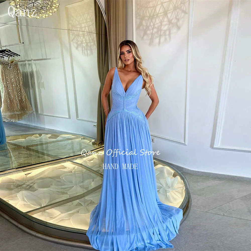 

Qanz Синие шифоновые вечерние платья Женские кружевные вечерние платья с глубоким v-образным вырезом Длинные трапециевидные платья Vestidos De Fiesta Elegantes по индивидуальному заказу