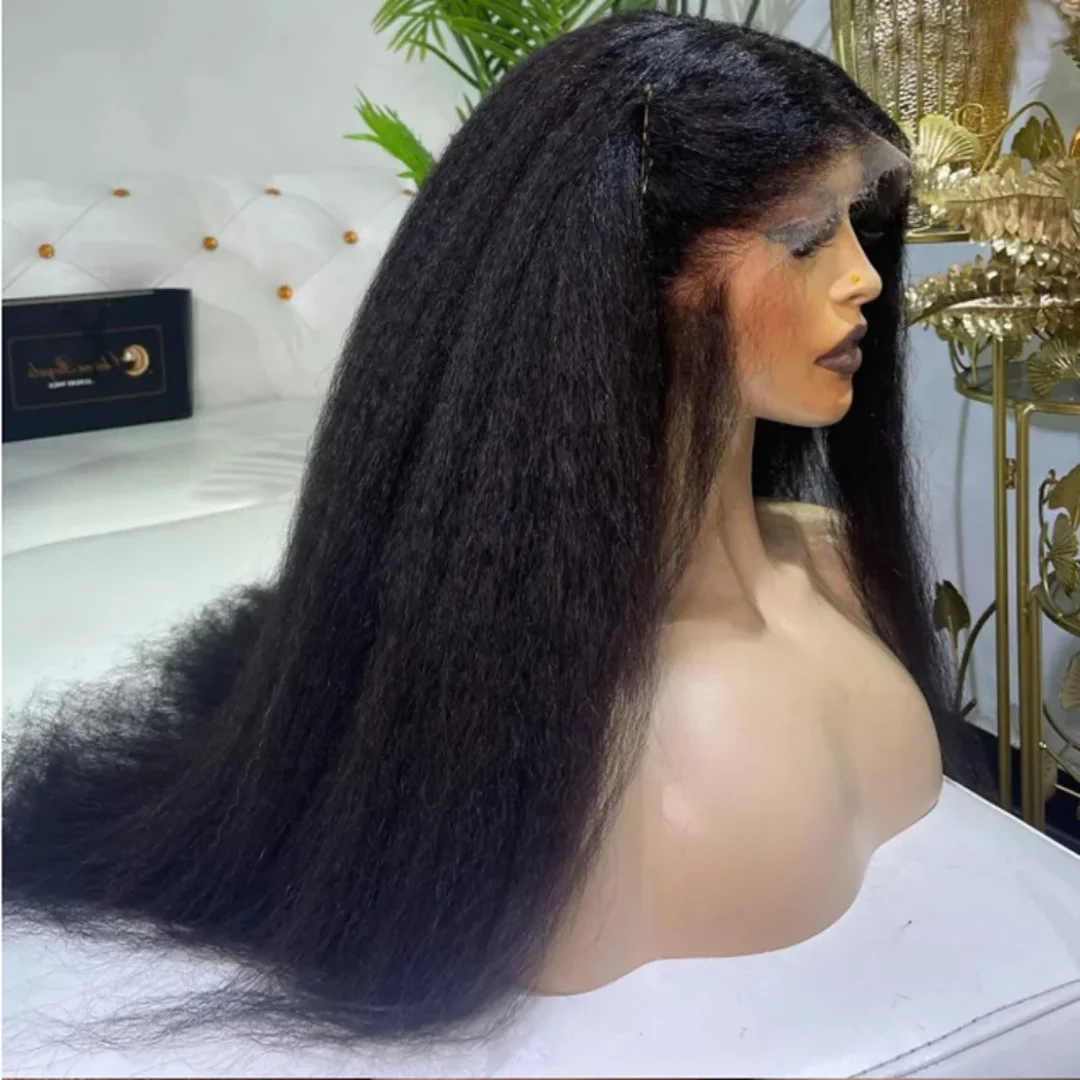Natural Black Soft 28Inch Long Glueless Straight Yaki Lace Front Wig For Women With Baby Hair Preplucked Daily