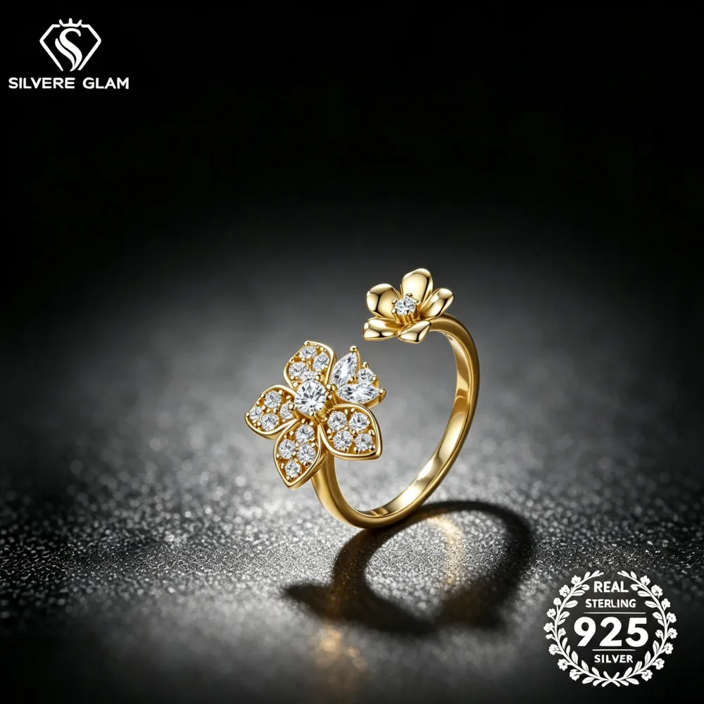 S925 Silver Floral Open Cuff Moissanite Ring D VVS1 TwoFlower Pave Setting Adjustable Band Elegant Women Daily Wear Jewelry