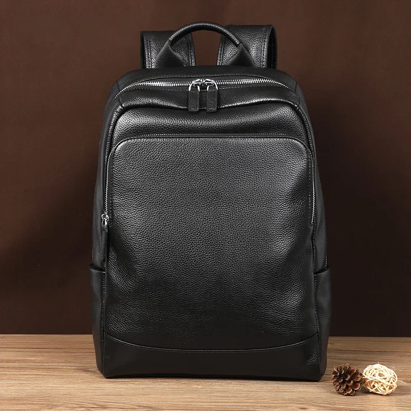 Mochila de couro genuíno para homens, pele de vaca natural, grande capacidade, bolsa de laptop para menino, 100% couro, 2023