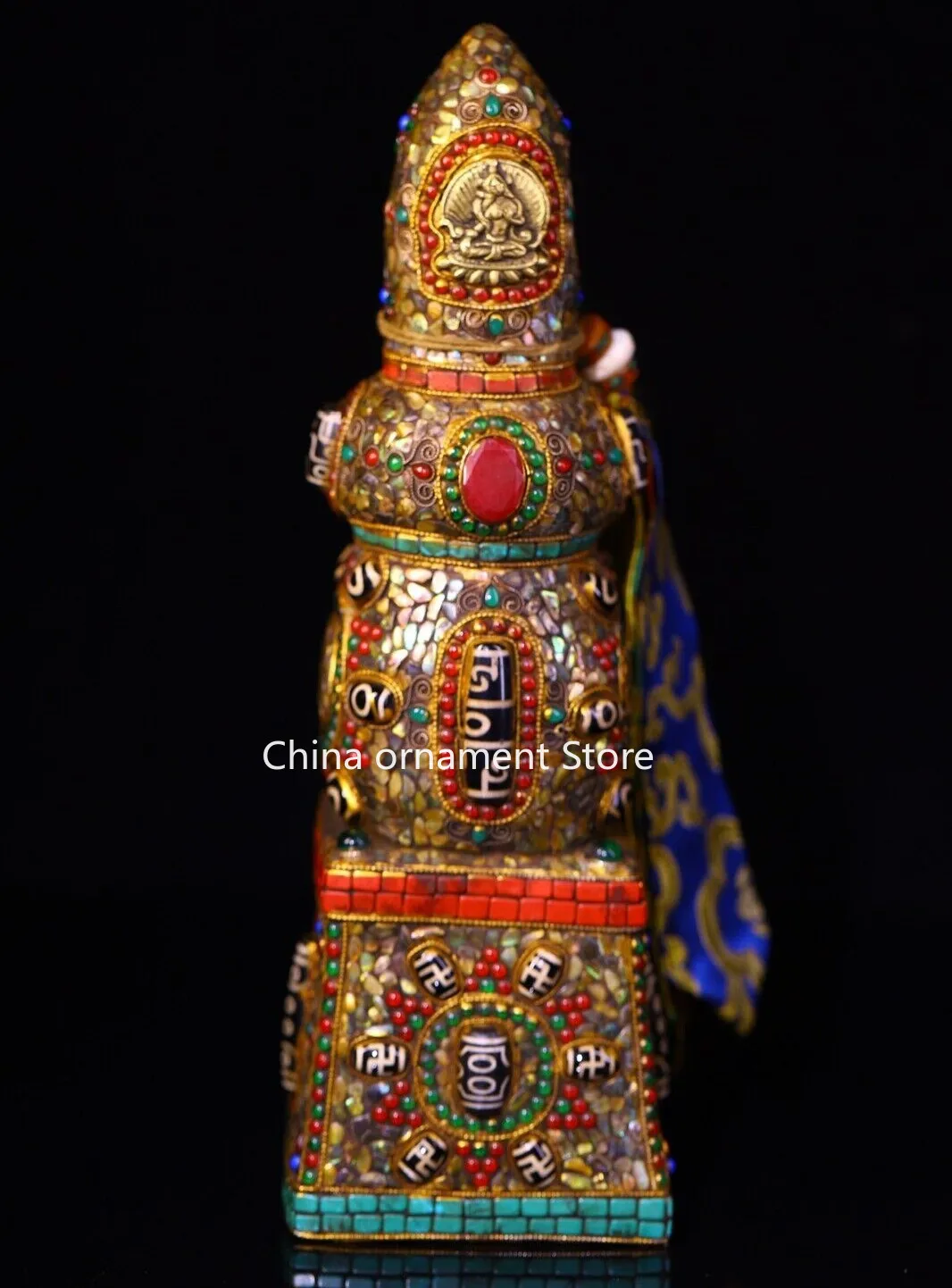 Old Tibet Meteorite iron Painting Gem Shakyamuni Buddha Stupa Pagoda Tower
