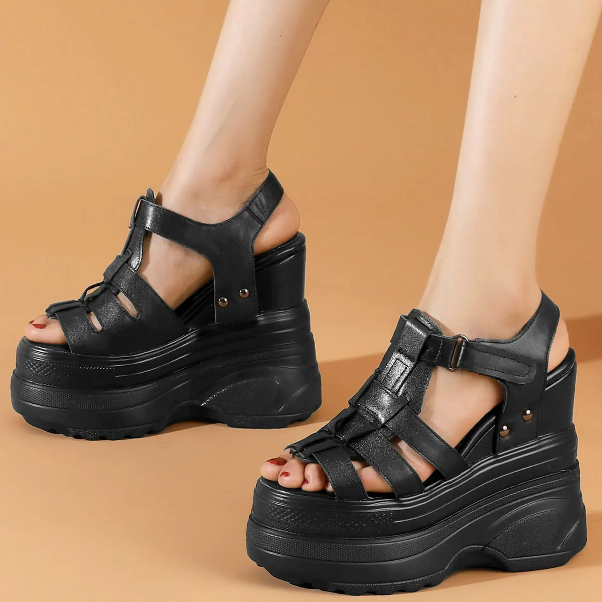 16cm High Heel Pumps Plus Size Shoes Women Cow Leather Wedges Gladiator Sandals Female Round Toe Fashion Sneakers Big Size Shoes