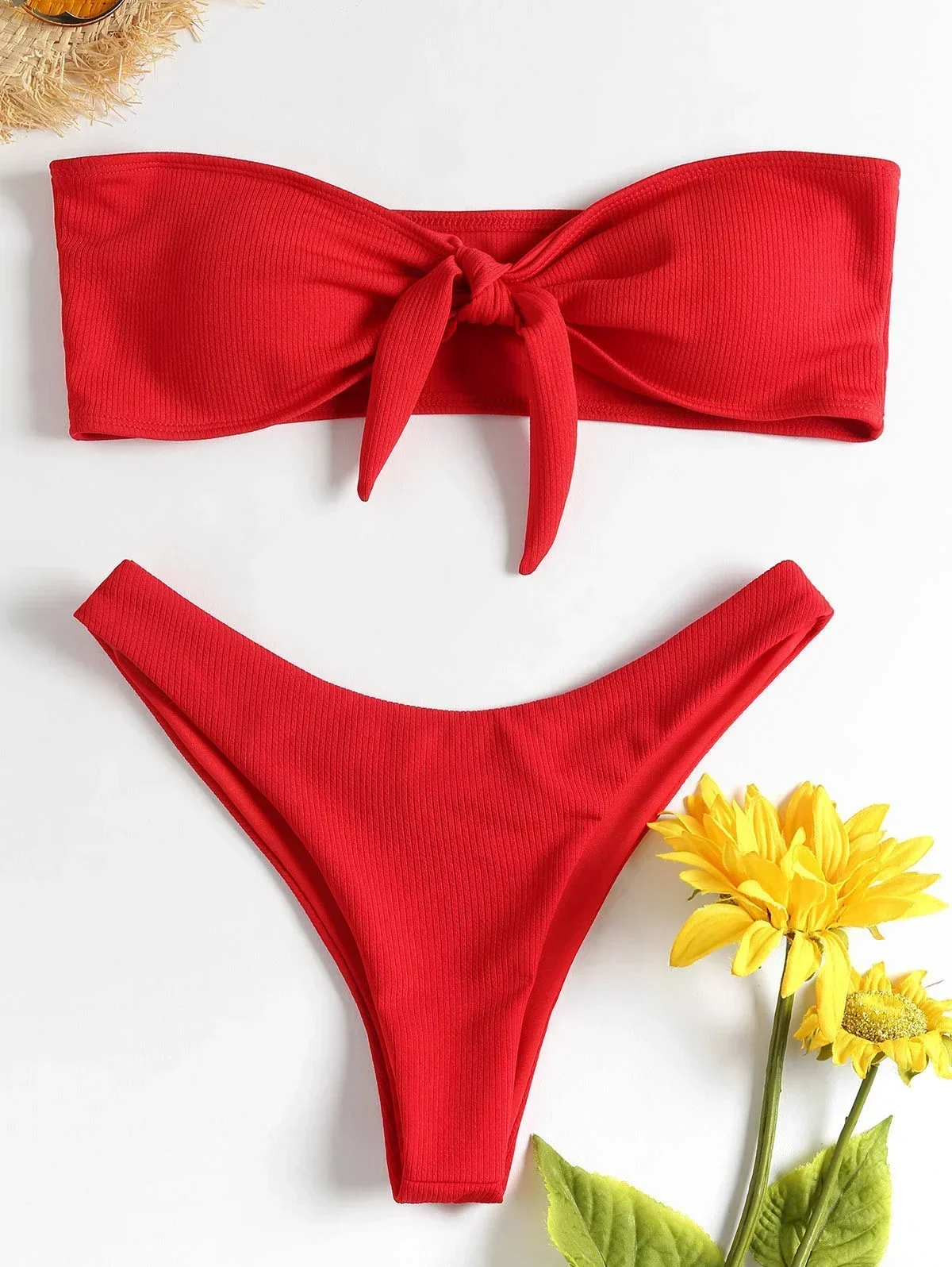 2024 New Bikini Bottoms Women's Swimsuit Low Waisted Bottom Solid Red Swimwear Thong Beachwear Brazilian Bathing Suit Summer