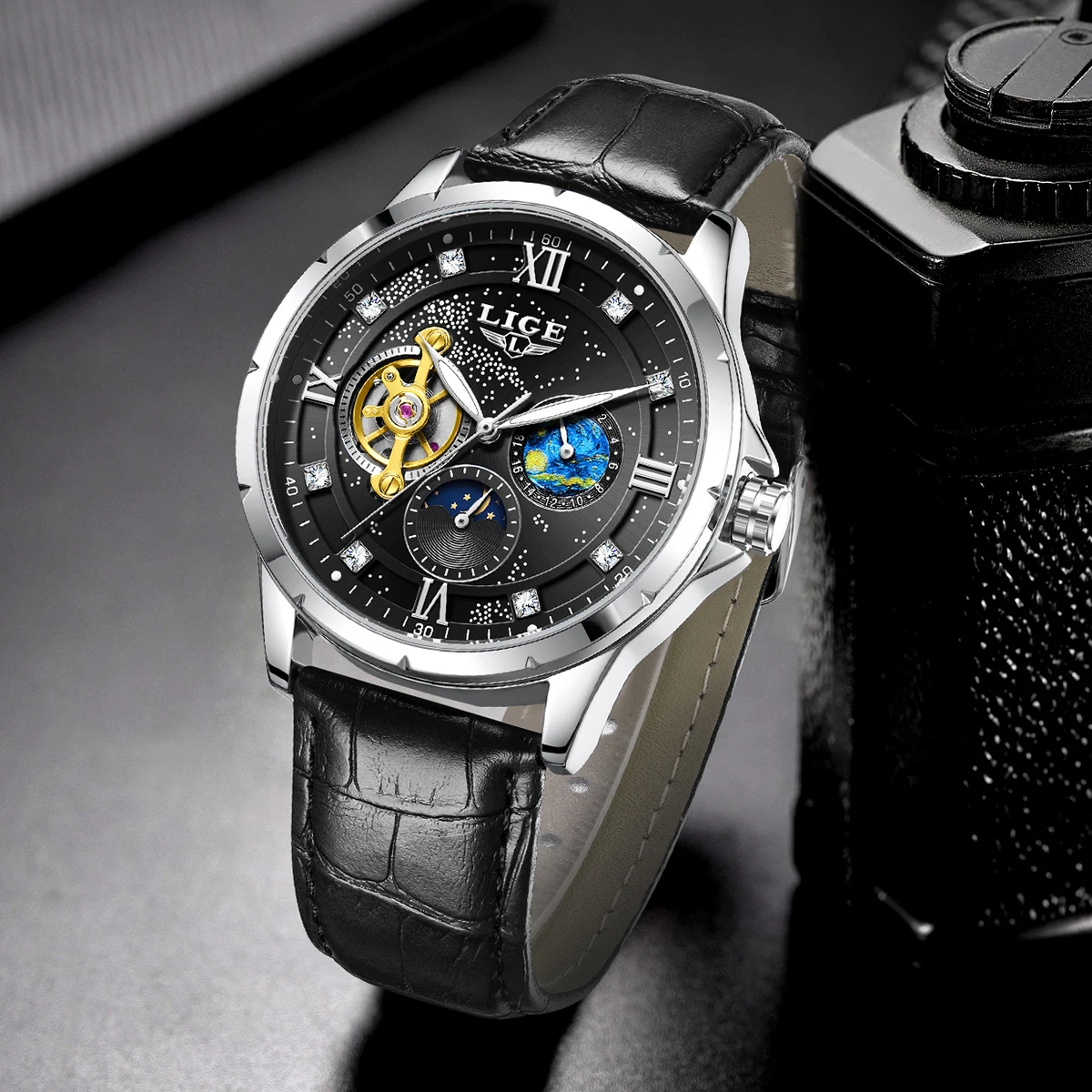 LIGE 2026 ساعة رجالي موضة عادية الأعمال مقاوم للماء ساعة ميكانيكية مضيئة الرياضة القمر المرحلة ساعة يد رجالي هدية رجالي #3