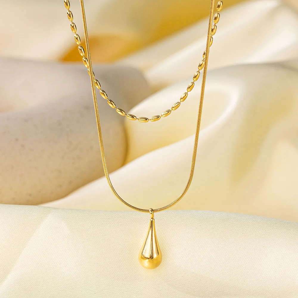 DIEYURO 316L Stainless Steel Golden Water Droplet Double-layer Necklace For Women Trend Fashion Neck Chain Jewelry Daily Gift