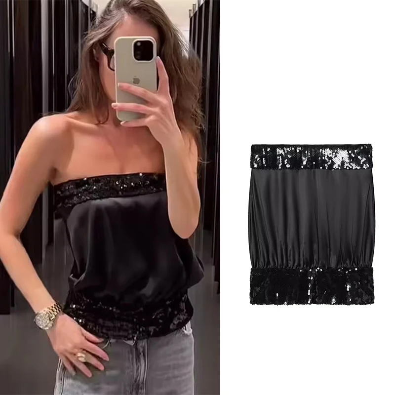 

Off Shoulder Top Women Summer Sexy Corset Tanks & Camis Fashion Backless Top Chic Black Sequin Elegant Camisole Tops