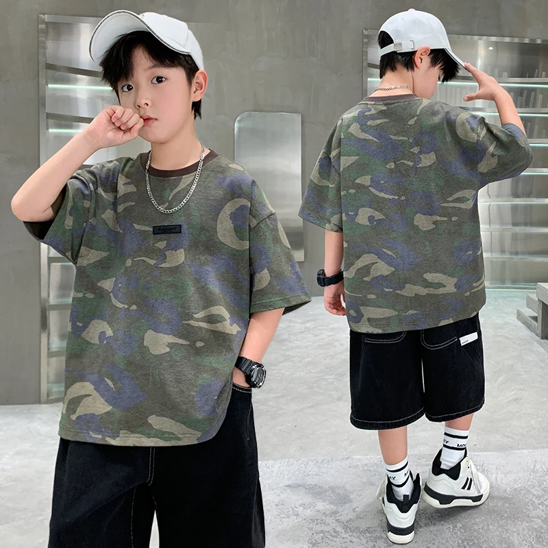 New Arrival Boys Summer Cotton Camouflage T-shirt Kids Short Sleeve Tactical Camouflag Tshirt Children Camo Tshirt Tee Tops