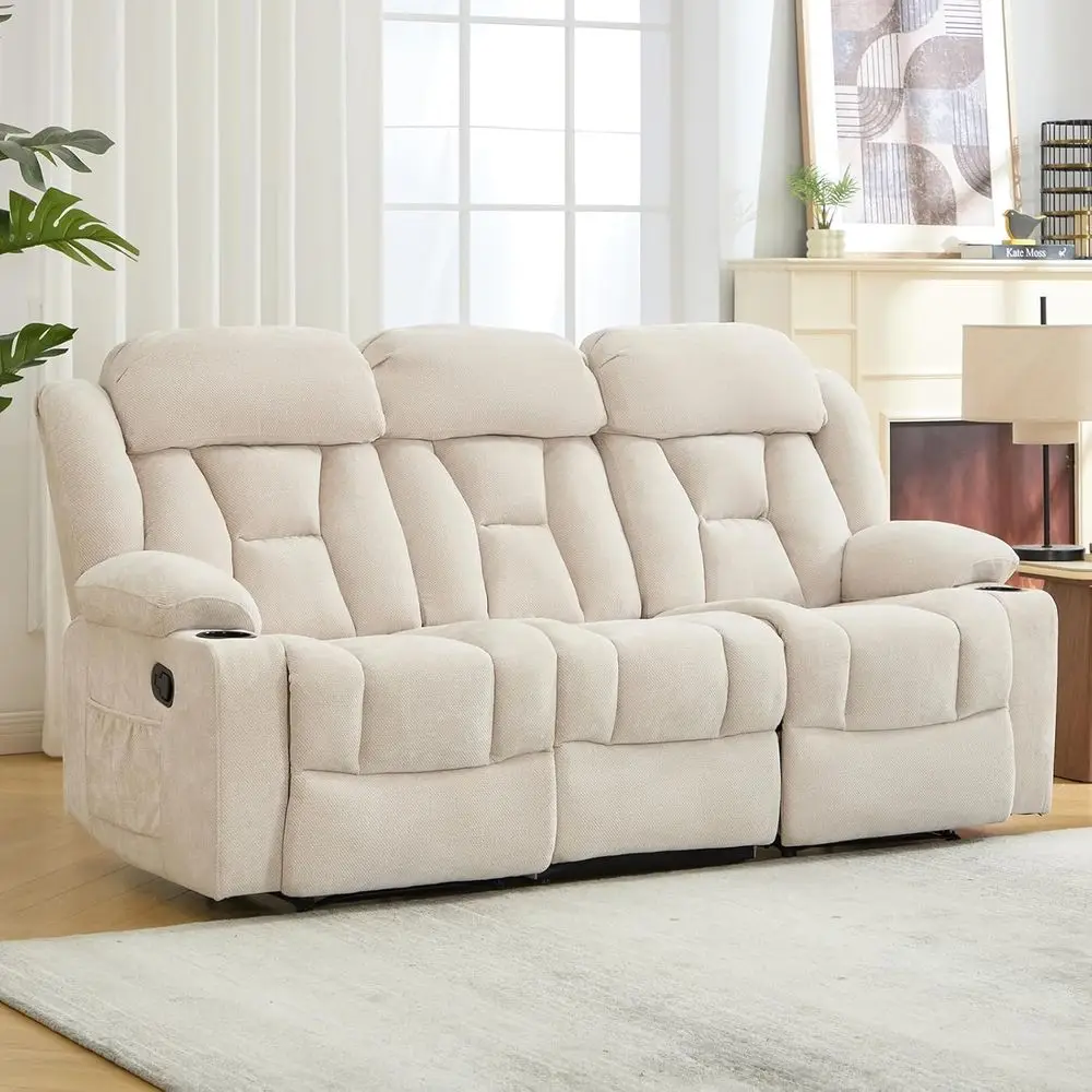 

Chenille Fabric Reclining 3-Seat Sofa with Cup Holders and Side Pockets, Wall-Hugger Design for Living Room, Home Theater, or Be