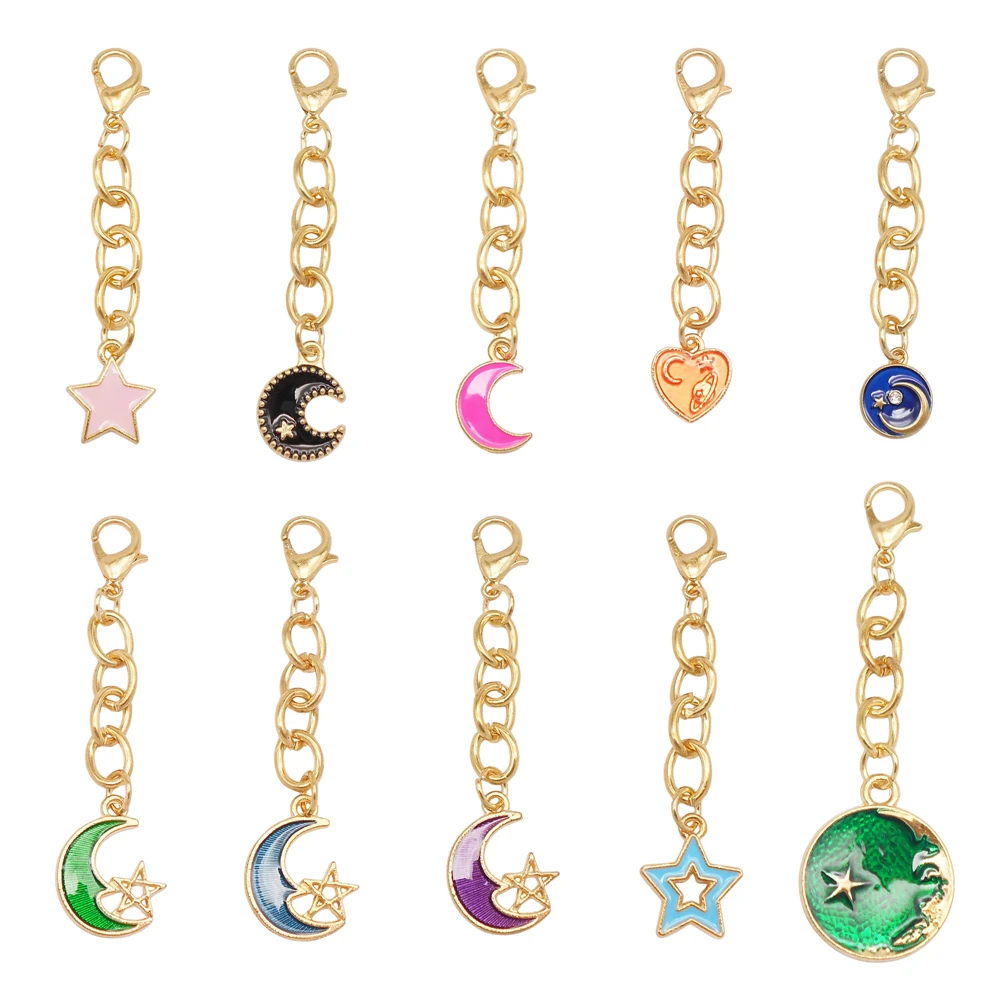 10PCS Night Sky Theme Clasp Clip Charms with Hanging Chain - Enamel Moon Star Shaped Pendant DIY Keychain Accessories