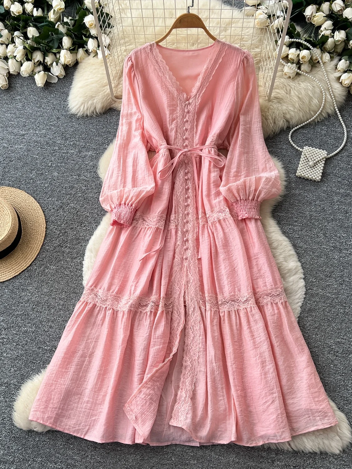 Retro V-neck Lace Splice Long Sleeve Belted Slimming Fairy Skirt Women's Autumn Fashion A-line Dress Korean Style Commute