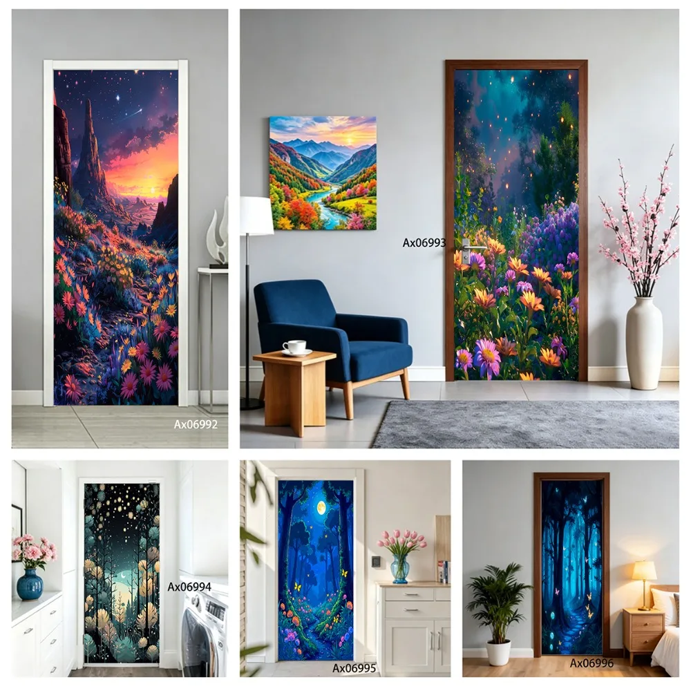 Moon Pine Forest Door Decal Waterproof Removable Sunset Cloud Cactus Pink Flower Desert Scenery Bedroom Entry Door Decor