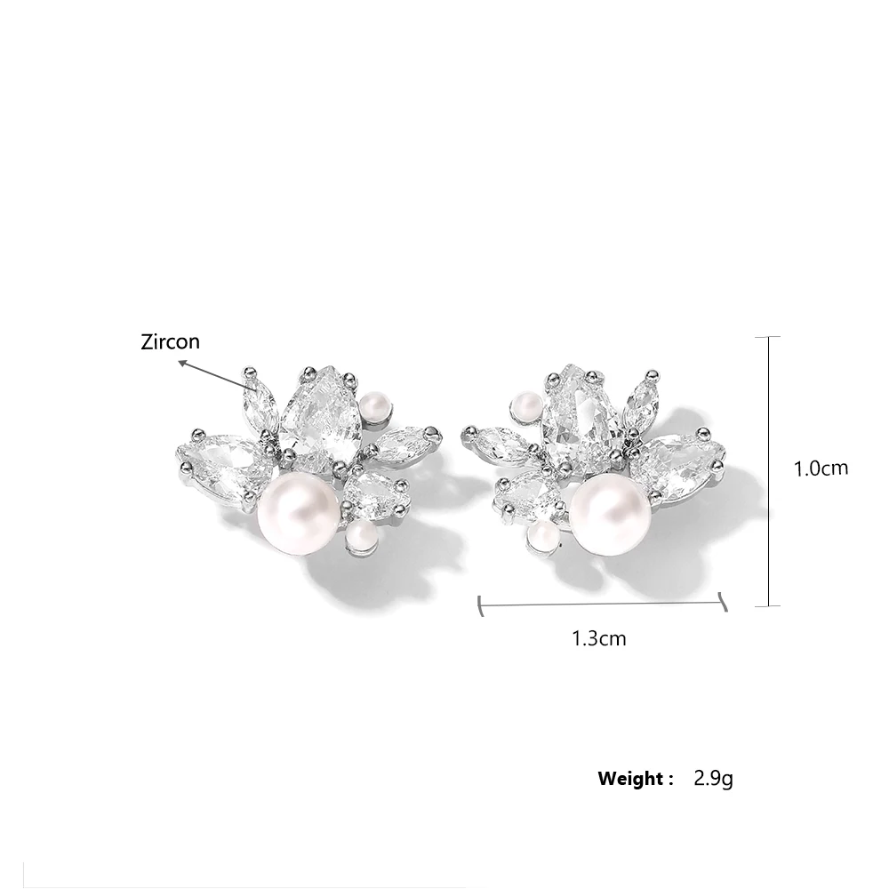 ZAKOL Elegant White Imitation Pearls Flower Stud Earrings for Women Shiny Water Drop Zirconia Bridal Earring Wedding Jewelry