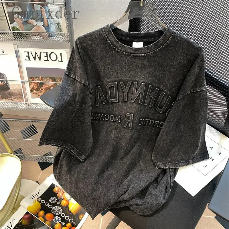 Gmiixder Dark Black Shirt Vintage High Street Letter Short Sleeve T-shirt Men Women 2023SS Loose Punk Gothic Stencil Letter Top