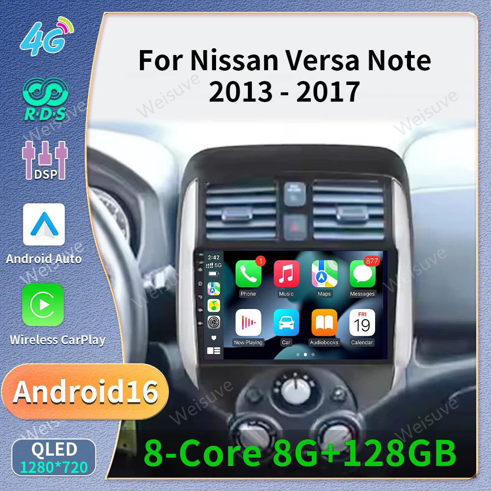 Radio de coche de 9 pulgadas con Carplay y estéreo para Nissan Versa Note 2013 2014 2015 2016 2017, unidad principal con Android Auto, GPS, autoradio, DSP, RDS, 4GLTE