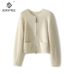 Birdtree-Elegant Cardigans For Women, Wool Goat Cashmere, Bright Thread Jacket, OL Sweaters, Fall Winter Knitted Coat C40320QM