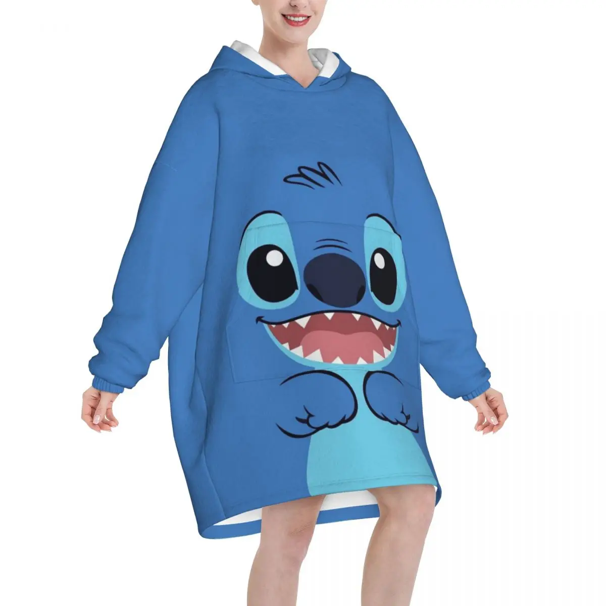 Cute Stitch Wearable Blanket Hoodie for Women Men Winter Warm Oversized Sweatshirt Blanket with Pocket