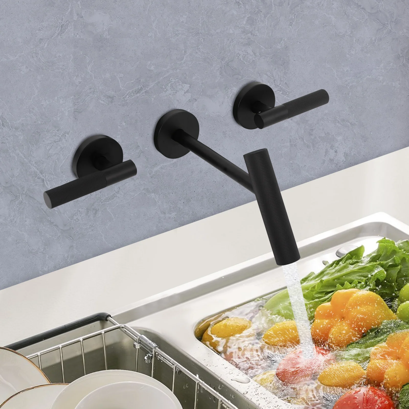 Wall Mounted Bathroom Faucet 3 Hole, Brass 2 Handle Faucet Honeycomb Bubbler with Ceramic Disc Cartridge Black/Chrome