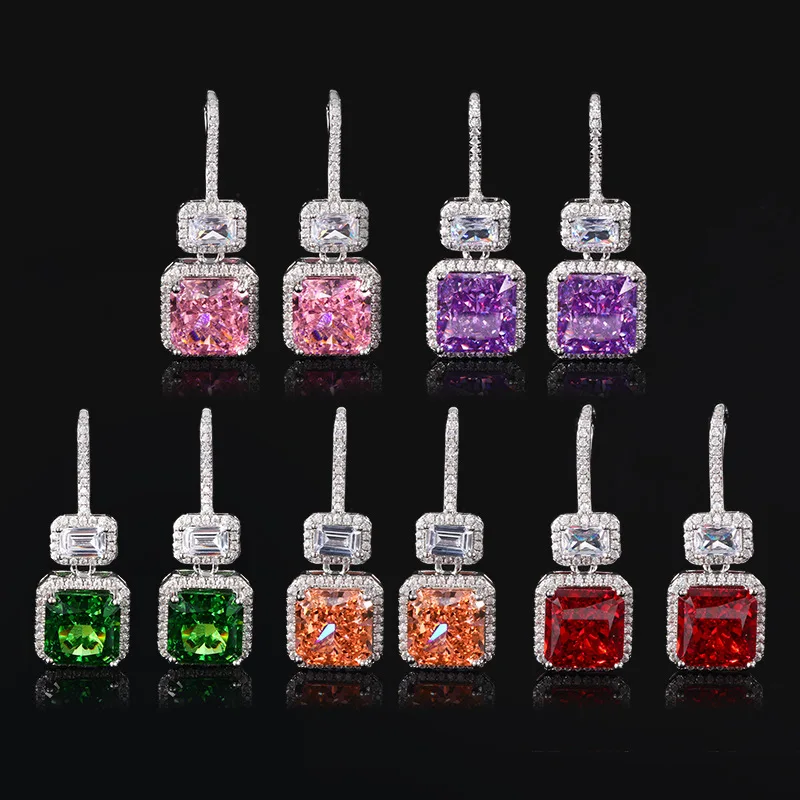 

10mm Square Shape Pink Purple Red Green Color Crushed Ice Cut High Carbon Diamond 5A Zircon Hook Earrings