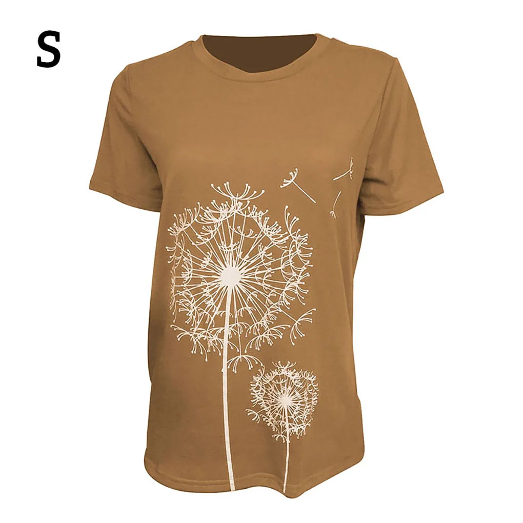 Damskie koszulki z okrągłym dekoltem, krótki rękaw, nadruk dmuchawca, oddychające t-shirty, odzież z kwiatowym wzorem, dodatek modowy, khaki, XL