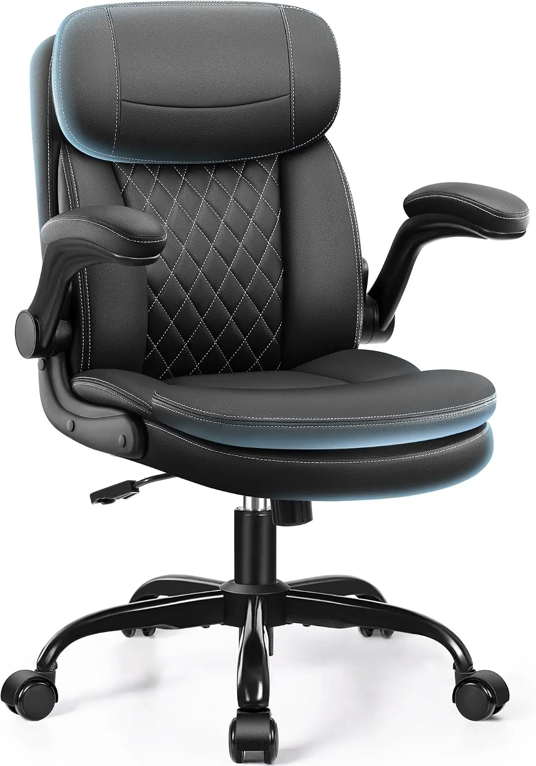 Leather Office Chair, Upgraded PU Computer Desk Chairs with Double-Layer Seat Cushion and Neckrest, 360°Swivel, Ergonomic