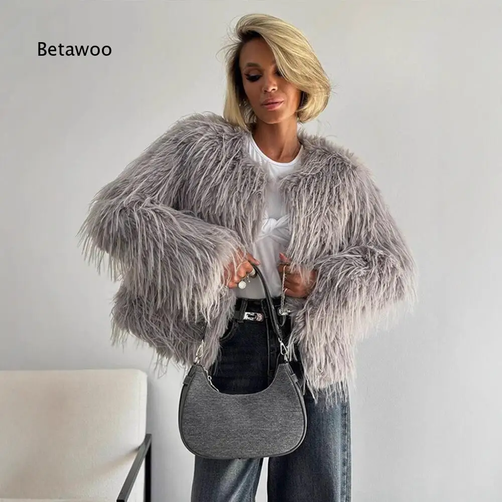Round Neck Zip Faux Fur Cropped Coat For Women Black Shaggy Furry Fabric Loose Oversized Cut Winter Daily Outer Garment