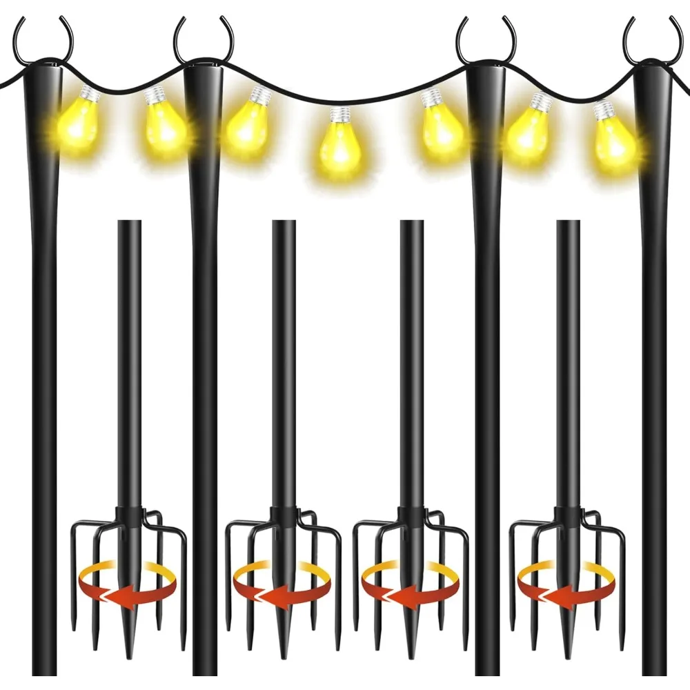 4 pack 10ft string light poles, metal poles with fork for outside lights,outdoor metal light stand with fence brackets hanging l