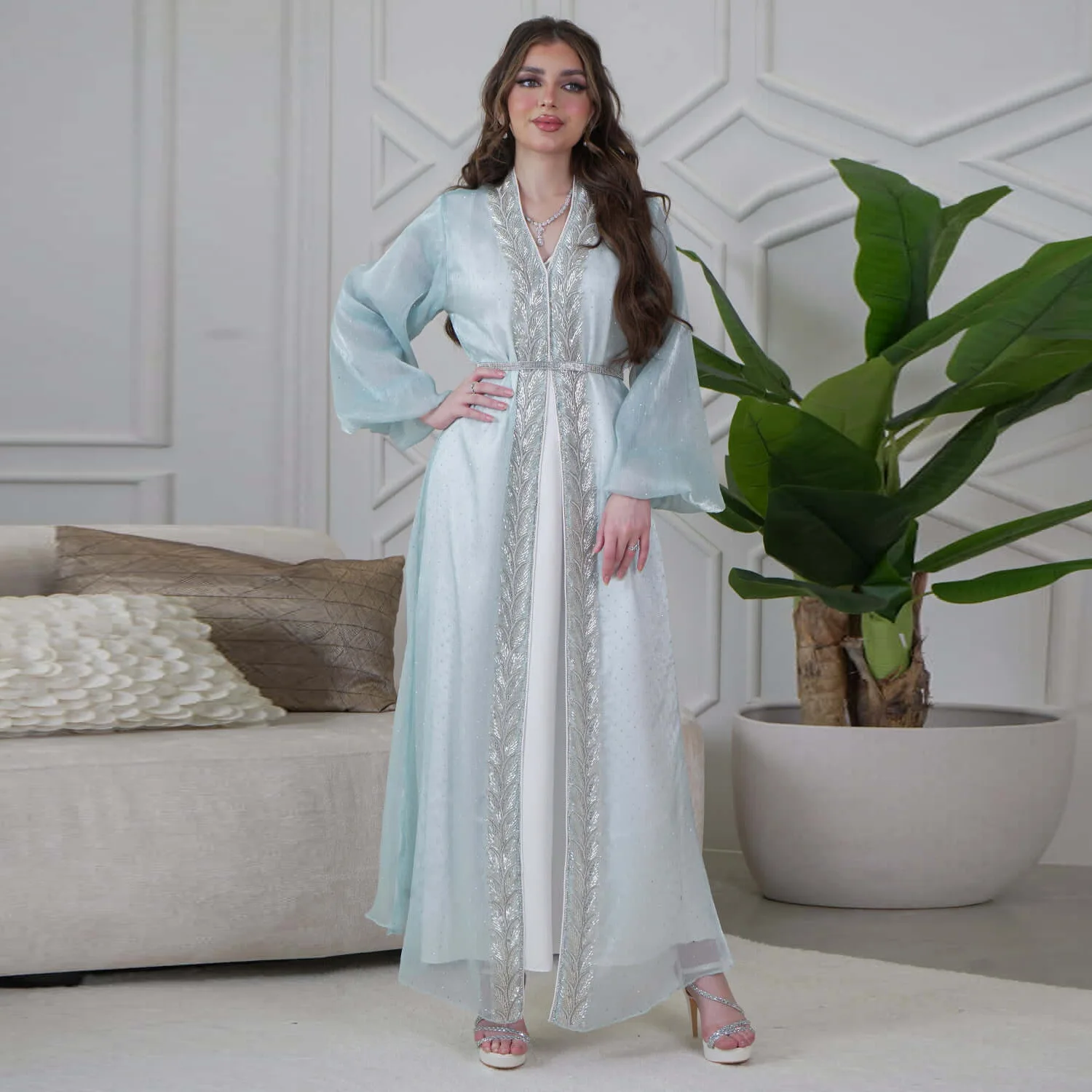 

Elegant Abaya Puff Sleeve Cardigan Abaya Rhinestone Embellished Long Abaya Dubai Modest Maxi Gown Sparkling Evening Outfit