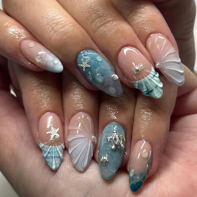24 Stück 3D Muschel-Seestern Kunstharz Press-On Nägel, Ozeanblau Wellen-Design Künstliche Nagelspitzen, Wiederverwendbare Sommer Strand Party Handgemachte Falsche Nägel
