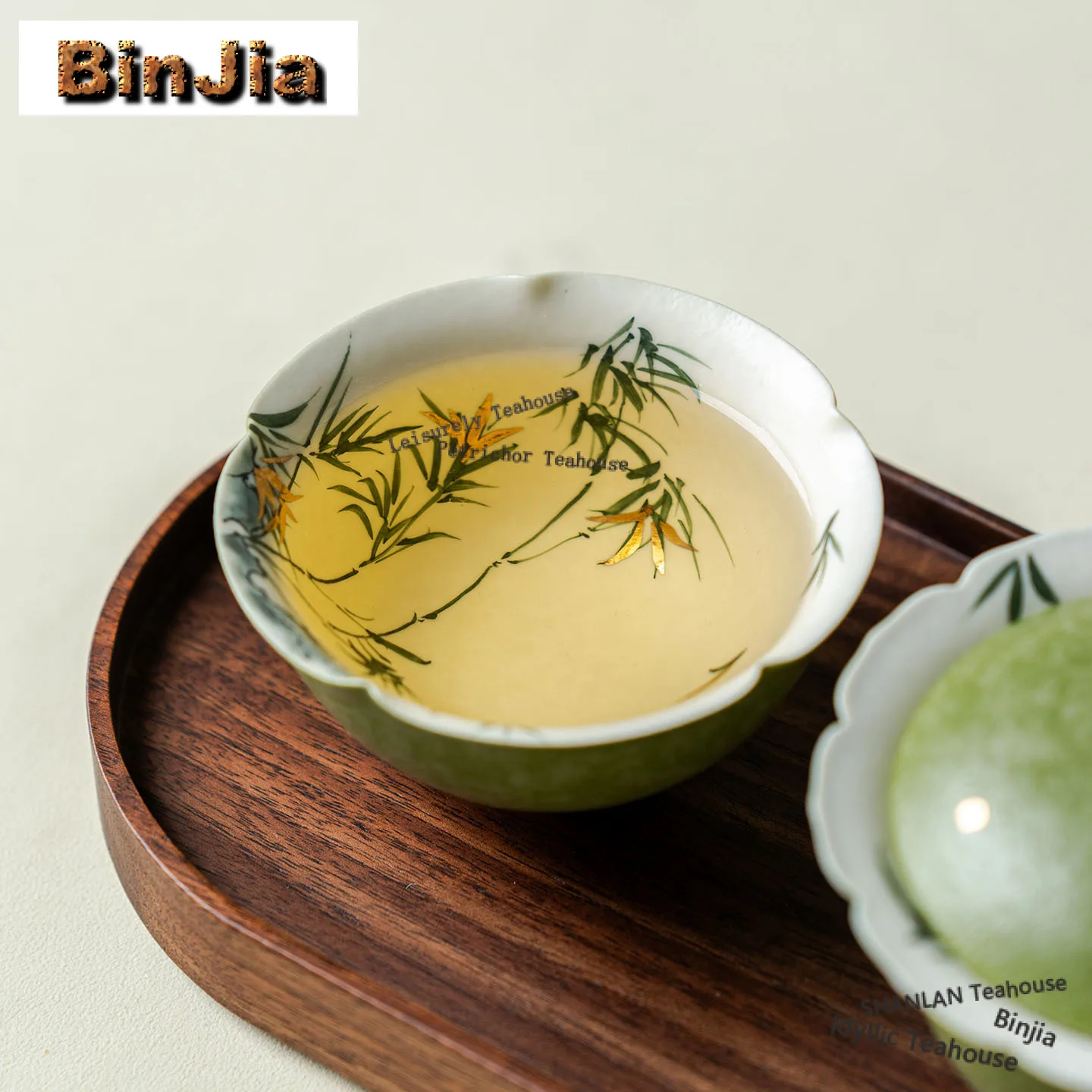 

100ml Hand-painted Green Bamboo Flower Mouth Teacup Elegant Tea Bowl Jug Tea-tasting Meditation Cup Jianzhan Master Cups Tea