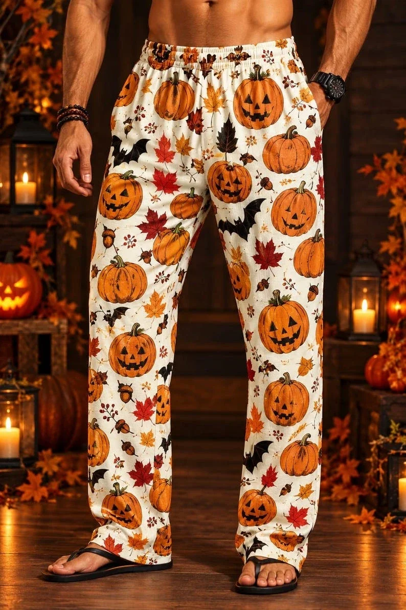 Men Halloween Pajama Pants Pumpkin Bat Maple Leaf Print Wide Leg Trousers Casual Autumn Holiday Party Lounge Sleep Bottoms