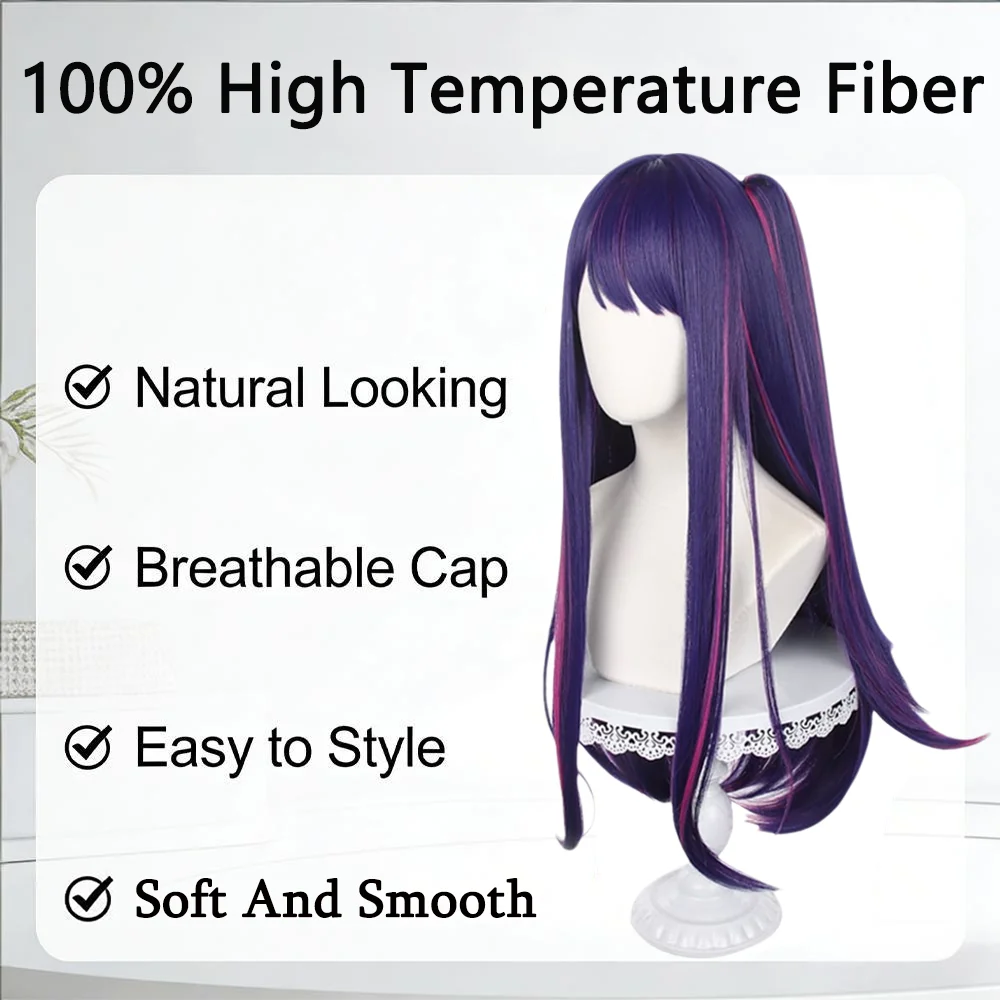 Oshi no Ko Ai Hoshino Cosplay Wig Long Straight With Bangs Purple Highlights Detachable Ponytail Heat Resistant Synthetic Wig