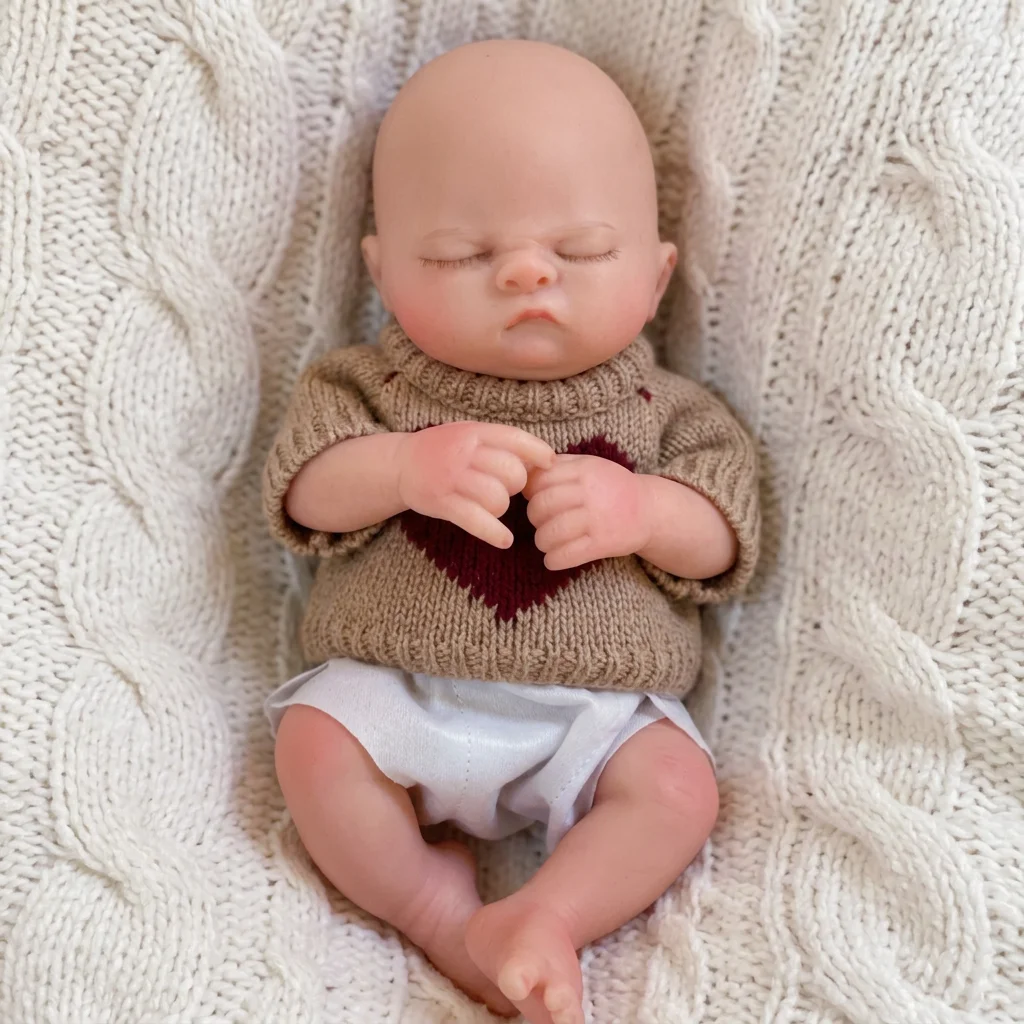 10 Inch Full Body Silicone Reborn Doll Bald With Brown Heart Painted, Sleeping Closed‑Eyes Design Hand‑Painted Waterproof Lifelike Collectible Art Ornament for Holiday & Birthday Gifts