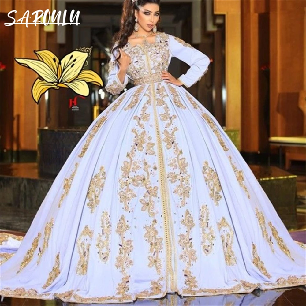 Marokkanisches Hochzeitskleid, langärmelig, goldene Spitze, Ballkleid, Kaftan, Abschlussballkleid, formelles Abendkleid, königliche Taille, muslimisch, individuell gestaltet