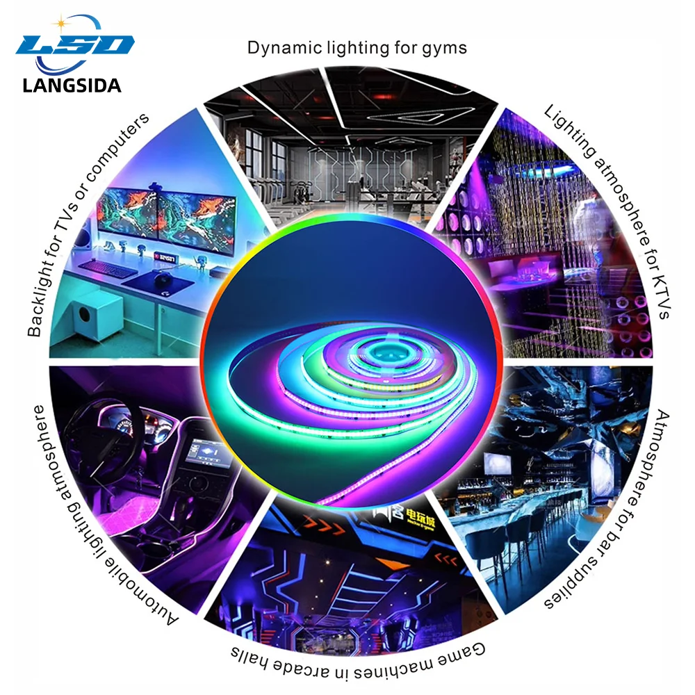 FCOB WS2811 IC RGB COB LED Strip 12V 24V 360/480/576/720LED/m Flexible Color Chasing Uniform Light for Indoor Lighting Project