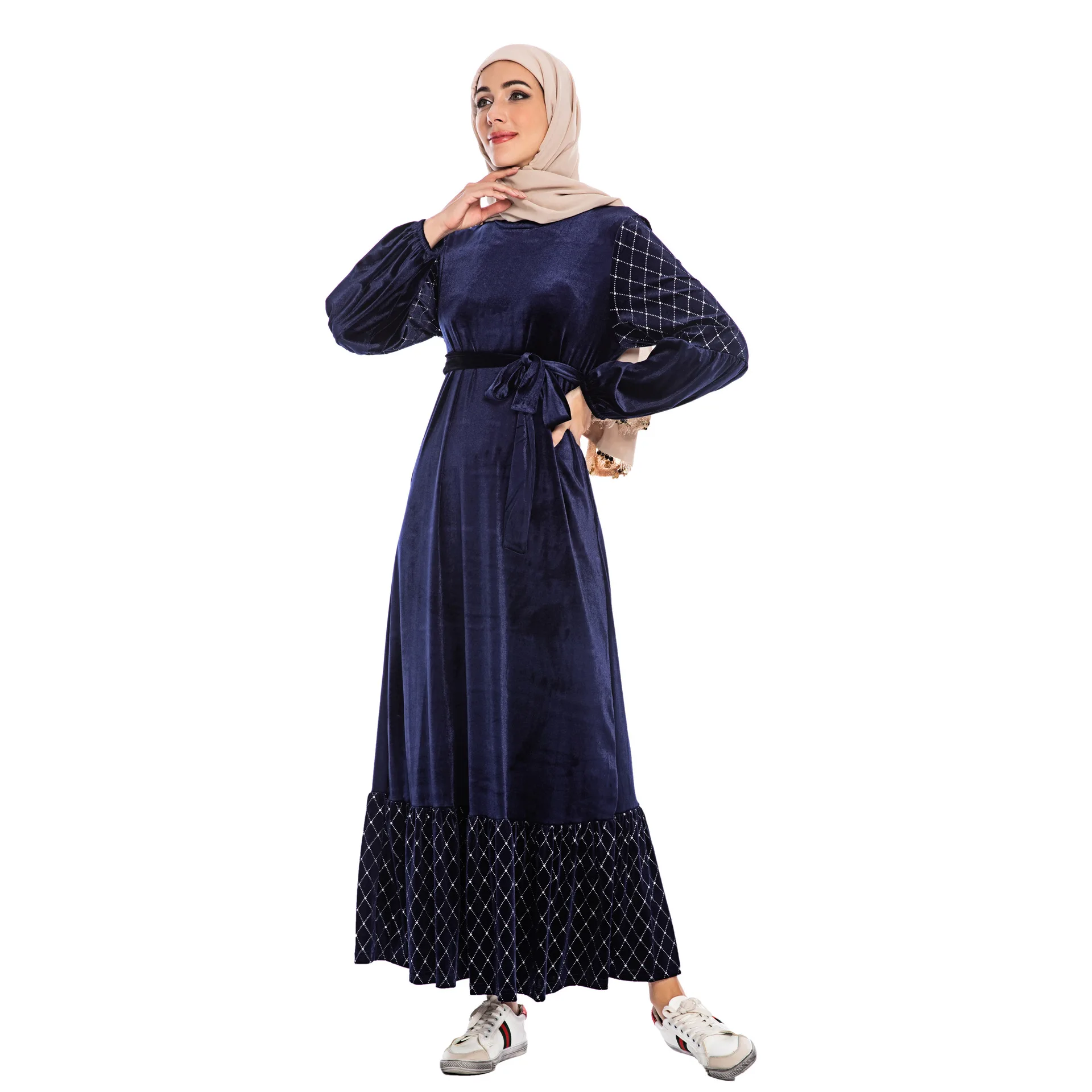 Thick Corduroy Muslim Dubai Abaya Patchwork Simple Long Dresses Women with Sashes Islam Clothing Abaya Lace-up Dresses for Women