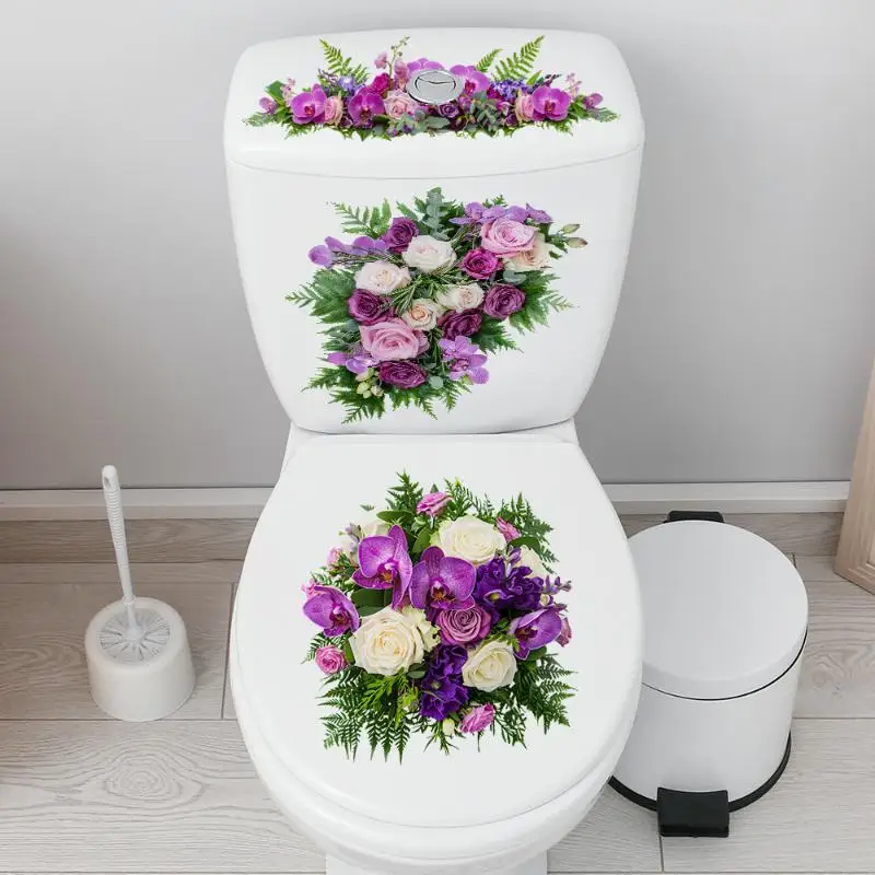 Flower Bouquet Toilet Decor Decals Self Adhesive Removable Waterproof PVC Stickers for Home Toilet Seat
