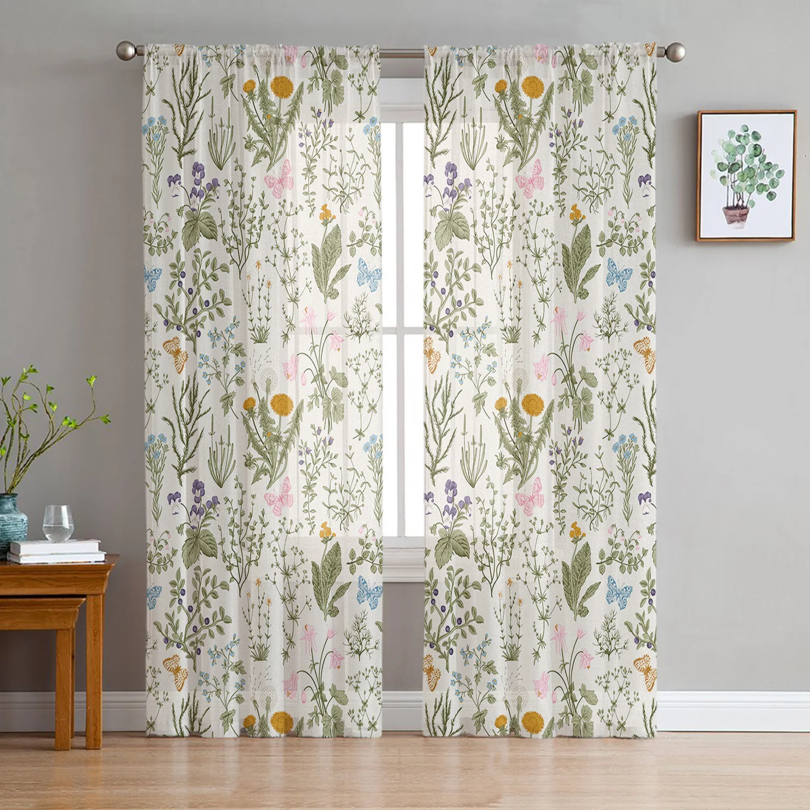 

Vintage Herbaceous Floral Butterfly Flower Sheer Curtains for Living Room Decoration Window Curtain Kitchen Tulle Voile Drapes