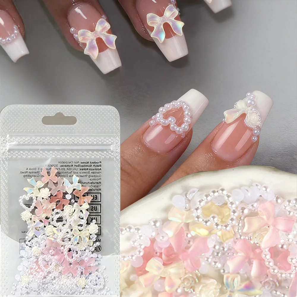 5g/Beutel 3D Kawaii Gemischte Weiße Perlen Herz Nagelcharms Harz Aurora Schleife Blume Nagelkunst Strass Maniküre Dekoration