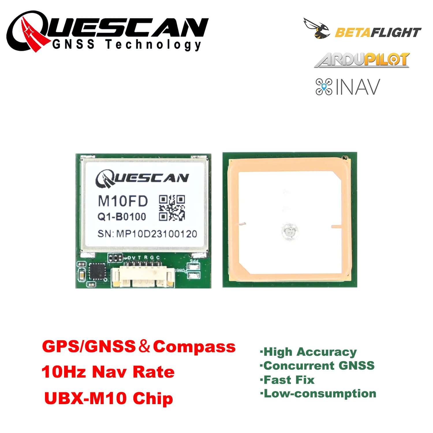 Módulo GPS QUESCAN M10050 M10 com Bússola 10 Hz GPS GLONASS Galileo BeiDou Módulo Receptor GNSS Protocolo NMEA UBX para drones