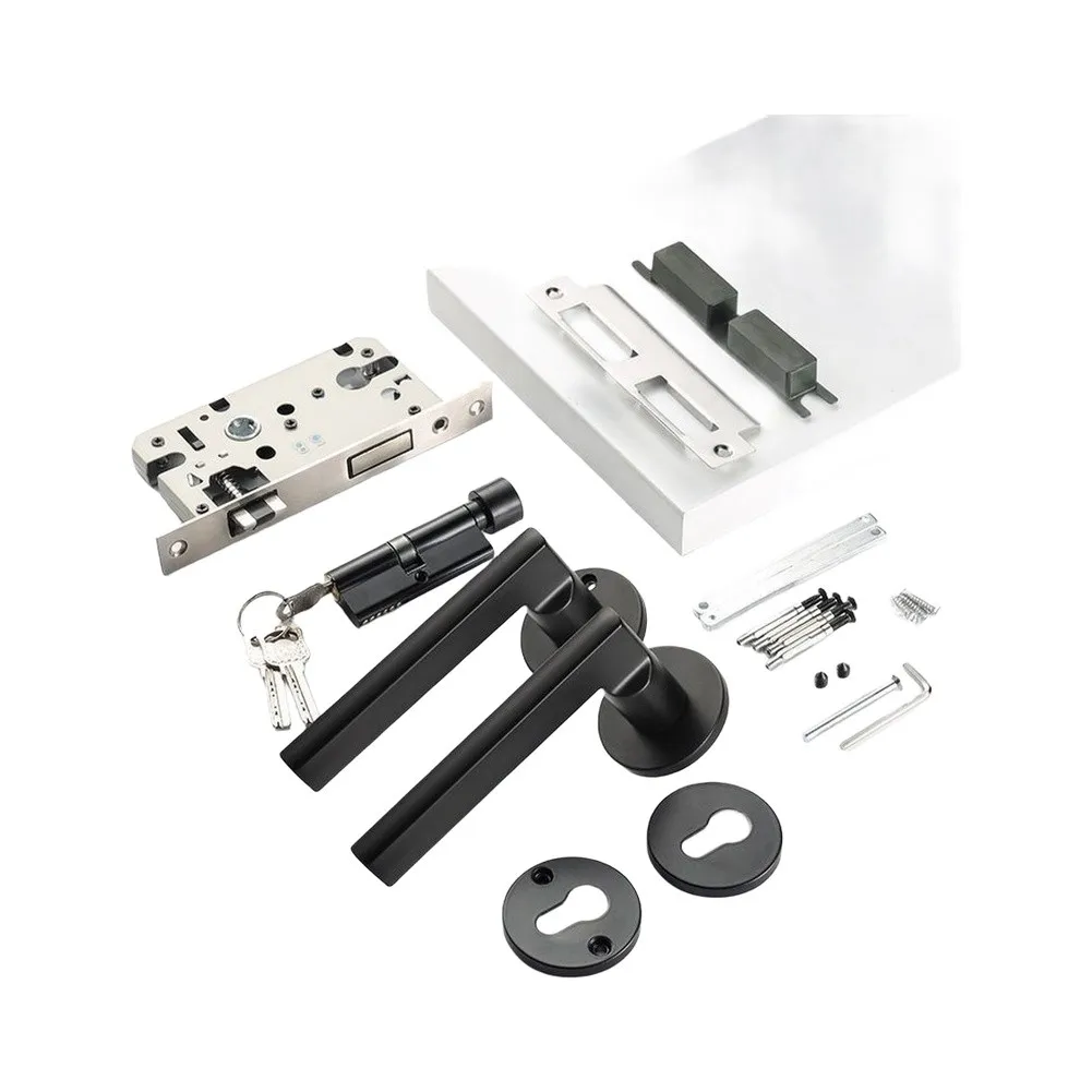 Lever Door Lock Set Matte for Black with Ultra-Quiet Magnetic Mortise Solid Brass Cylinder ABS Dust Box and Full Mounting Kit