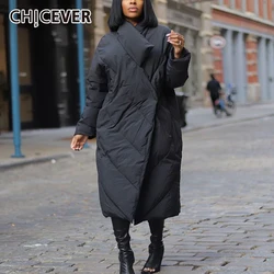 CHICEVER Loose Fashion Down Coat for Women Stand Collar Long Sleeve Patchwork Pockets Casual Quilted Jacket Female Clothing New