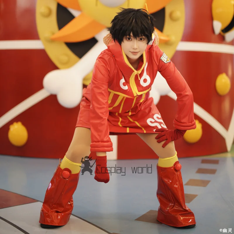 Game Monkey D. Luffy Cosplay Costume  Red Long Hooded Coat and Gloves with Socks Hat Outfit Anime Halloween Carnival Suit view 3