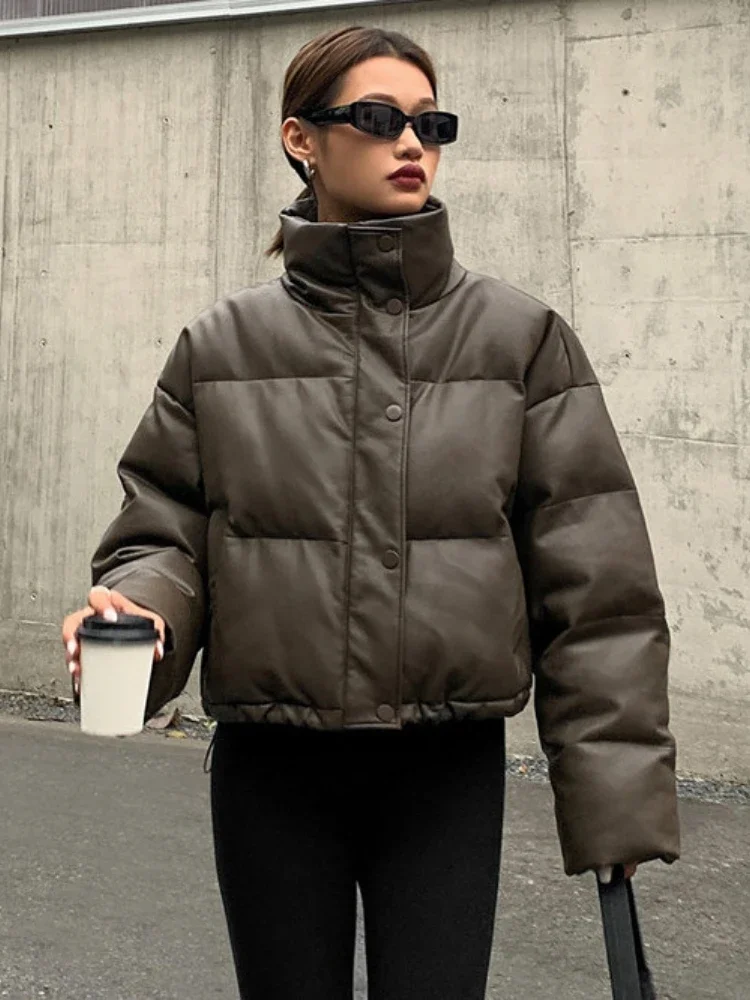 Short Style Parkas for Women Ins PU Winter New Thick Streetwear Casual Simple Chic European Warm Females Vintage Stand Up Collar