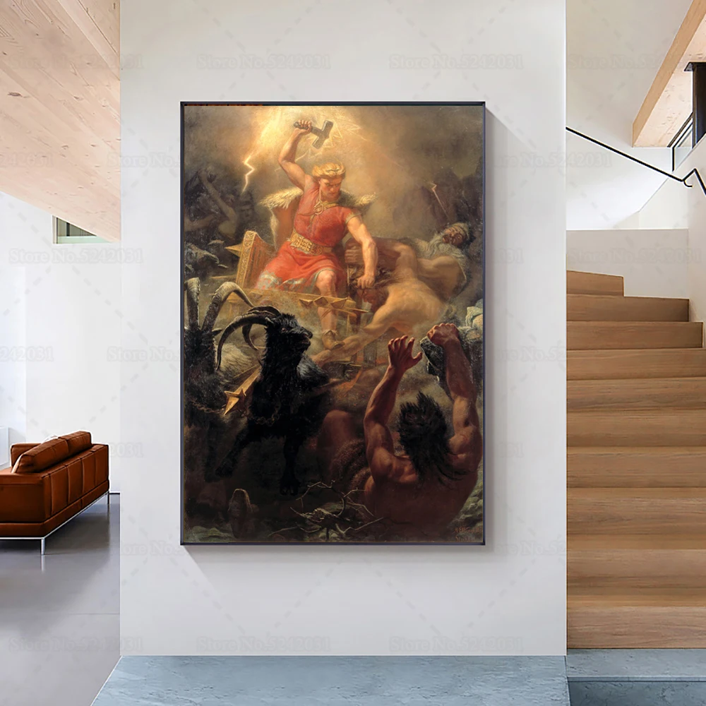 Thor's Fight with The Giants Canvas Painting By Martin Eskil Winge 1872 Vintage Print Poster Wall Art Decor