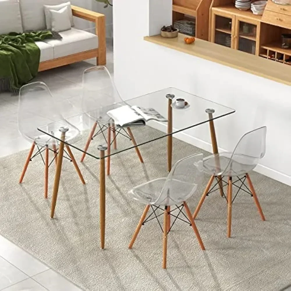 

Modern dining table five piece set, Rectangular Glass Dining Table & 4 Transparent Chairs for Dining Room, Kitchen, Living Room